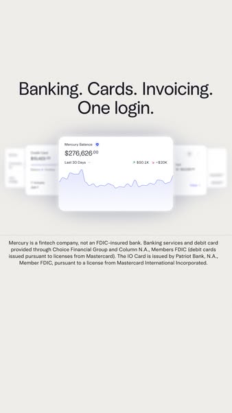 Light Mercury story ad with headline Banking. Cards. Invoicing. One login. above floating balance and card widgets