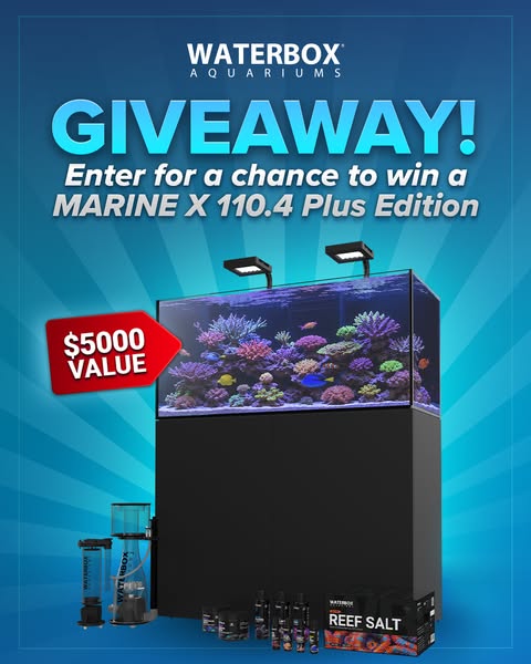 Waterbox giveaway ad with Marine X 110.4 reef tank full of corals, two lights, protein skimmer, reef salt and $5000 tag