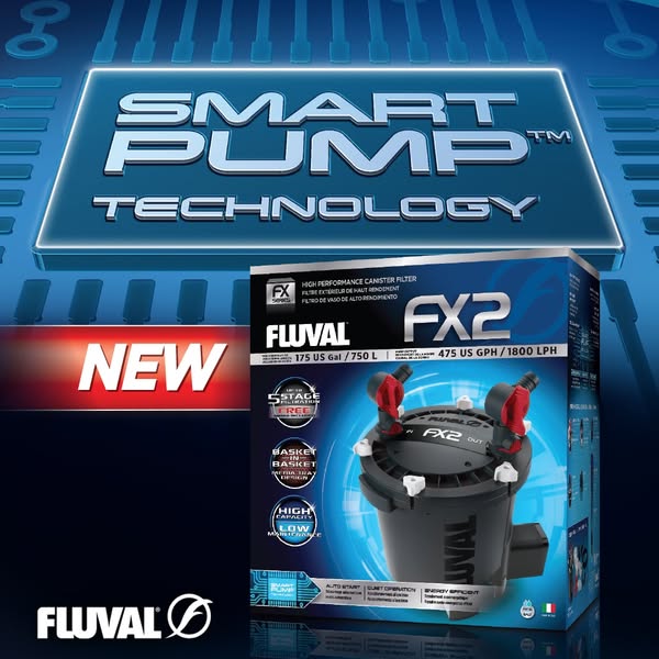 Fluval FX2 canister filter box under a glowing Smart Pump Technology headline on a blue circuit backdrop with NEW badge