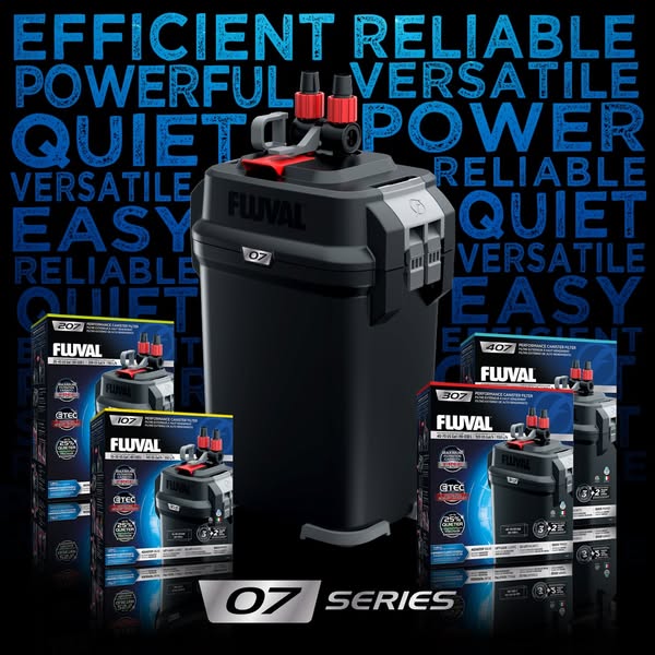Fluval 07 Series canister filter in front of blue benefit words, with 107, 207, 307 and 407 boxes and 07 Series logo below