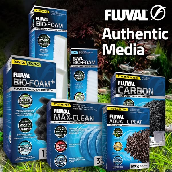 Fluval Bio-Foam, Max-Clean, Carbon and Aquatic Peat boxes in front of a planted aquarium with Authentic Media headline