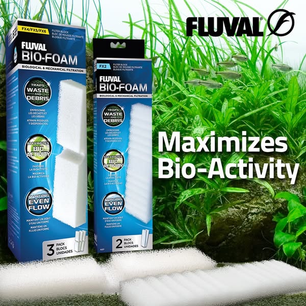 Fluval Bio-Foam boxes for FX4/FX5/FX6 and FX2 with white foam blocks in a planted tank and headline Maximizes Bio-Activity