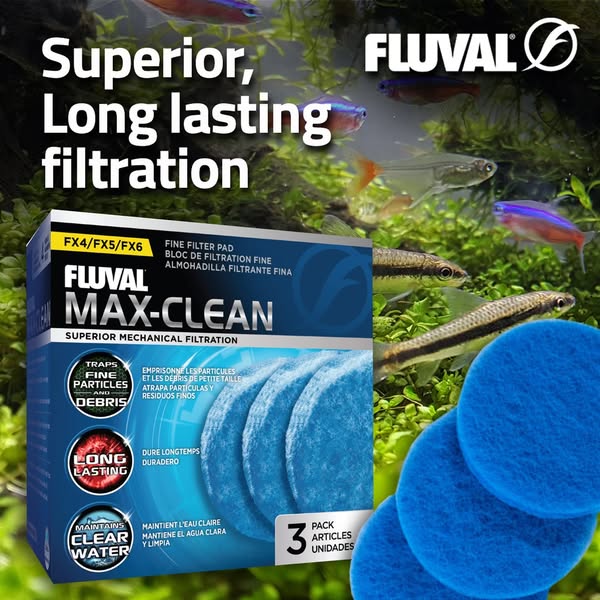Fluval Max-Clean fine filter pad 3-pack with loose blue pads, neon tetras and headline Superior, long lasting filtration