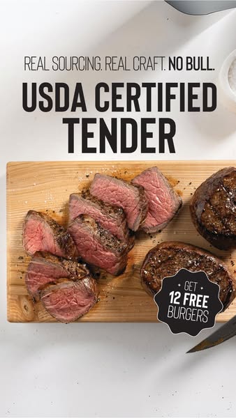Sliced medium-rare filet mignon and whole seared filets on a wooden cutting board with USDA Certified Tender headline