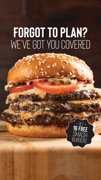 Triple-stack smash cheeseburger with tomato and pickles on a wooden board with 'Forgot to plan? We've got you covered'