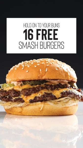 Double smash cheeseburger with pickles and sauce on black background under white box reading 16 Free Smash Burgers