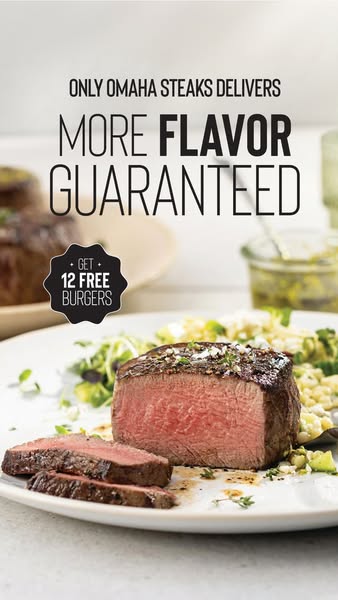 Seared filet mignon with sliced pieces on a white plate with grain salad, headline More Flavor Guaranteed
