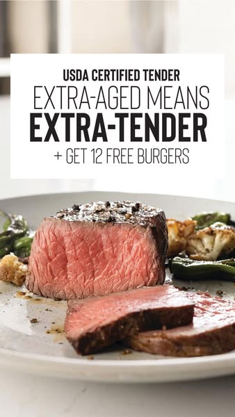 Close-up of seared filet mignon with pink center and roasted vegetables under text Extra-Aged Means Extra-Tender