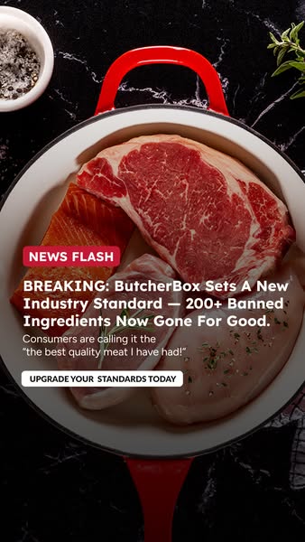 Overhead shot of a red cast-iron pot with raw steak, salmon and chicken under a NEWS FLASH breaking headline overlay
