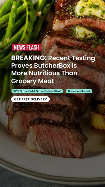 Close-up of sliced medium steak with herb butter and green beans under a breaking news headline about nutrition testing