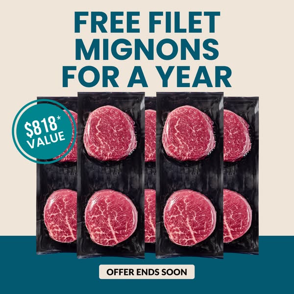 Five vacuum-sealed packs of raw filet mignon on cream and teal background with an $818 value badge and free offer headline