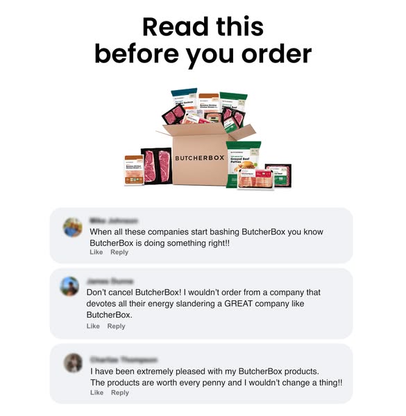 ButcherBox box with meat packs above three social media style customer comments praising the brand