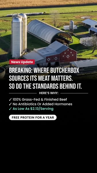 Aerial photo of a farm with silos and a red barn above a breaking news headline and checklist of ButcherBox standards