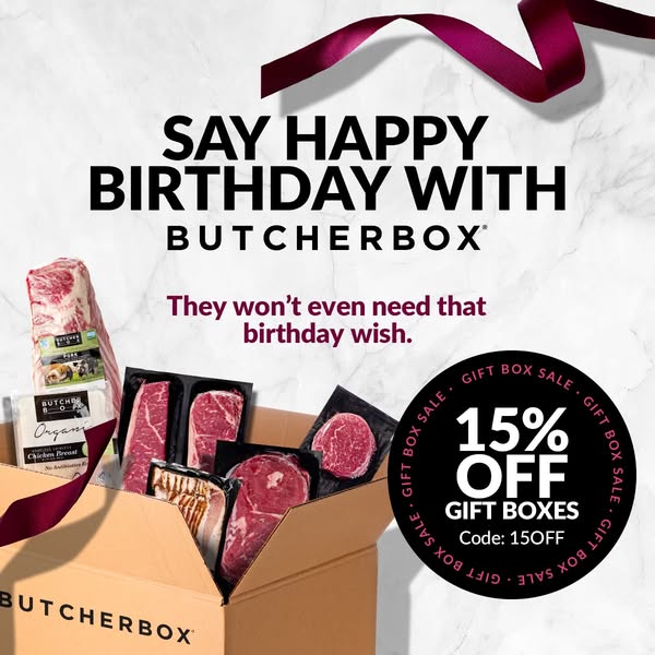 Open ButcherBox gift box with steaks, chicken and bacon wrapped in burgundy ribbon next to a 15% off gift box badge