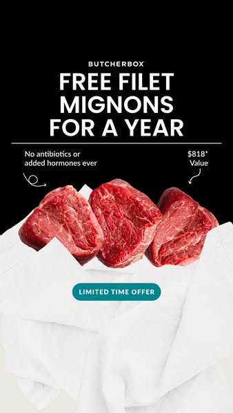 Three raw filet mignons on crumpled white butcher paper on black background under a free filet mignons for a year headline