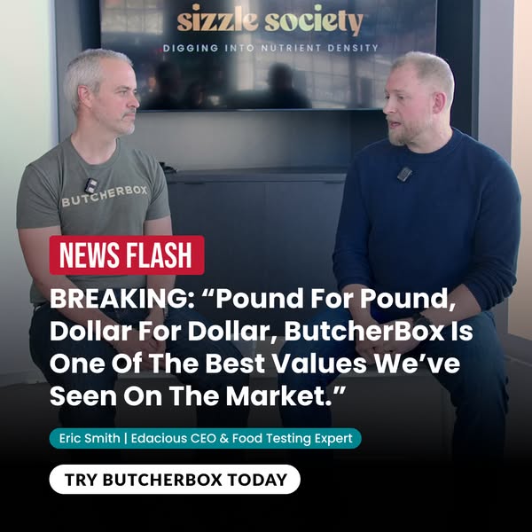 Two men talking in a studio in front of a Sizzle Society screen, with a NEWS FLASH quote from a food testing expert
