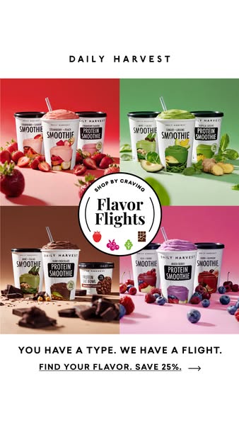 Four-panel grid of Daily Harvest smoothie bundles in red, green, brown and pink with a central Flavor Flights badge