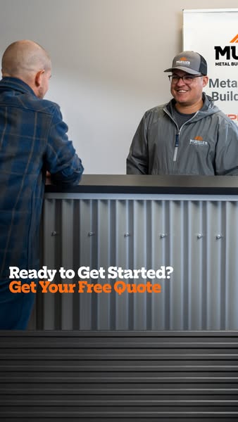 Mueller sales rep smiling at a customer across a corrugated metal counter with text Ready to Get Started? Get Your Free Quote
