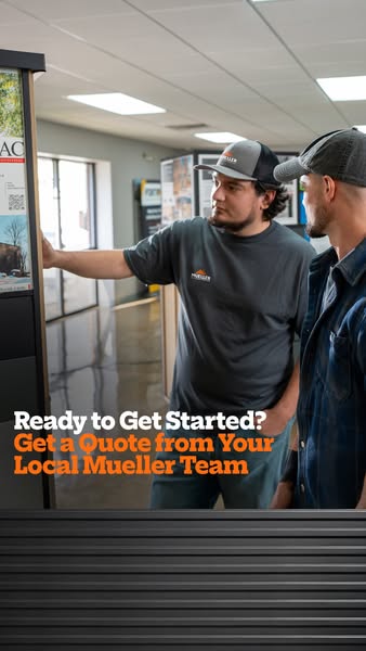 Mueller rep in branded shirt showing a showroom display to a customer, with text Get a Quote from Your Local Mueller Team