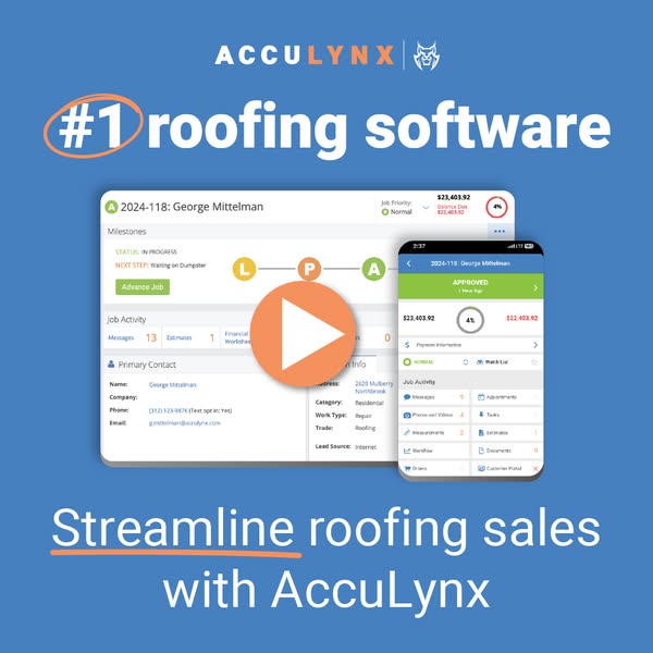 Blue AccuLynx ad showing desktop and mobile roofing software screens with a play button and the text #1 roofing software
