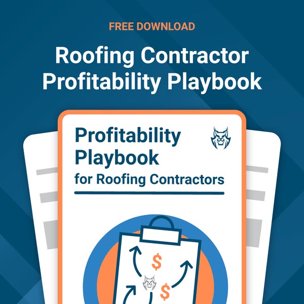 Navy AccuLynx ad offering a free download of the Roofing Contractor Profitability Playbook with a large cover mockup