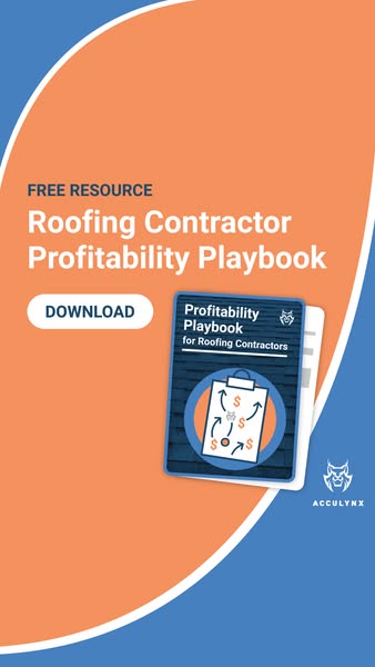 Vertical orange and blue AccuLynx ad offering a free Roofing Contractor Profitability Playbook with a Download button