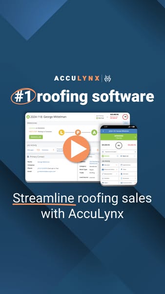 Vertical navy AccuLynx ad with desktop and phone roofing software screens, a play button and #1 roofing software headline