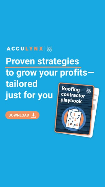 Vertical bright blue AccuLynx ad reading proven strategies to grow your profits, with a Download button and playbook cover