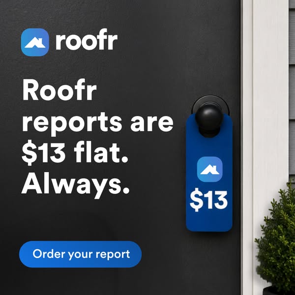 Roofr ad with the headline Roofr reports are $13 flat. Always. next to a blue $13 door hanger on a black front door