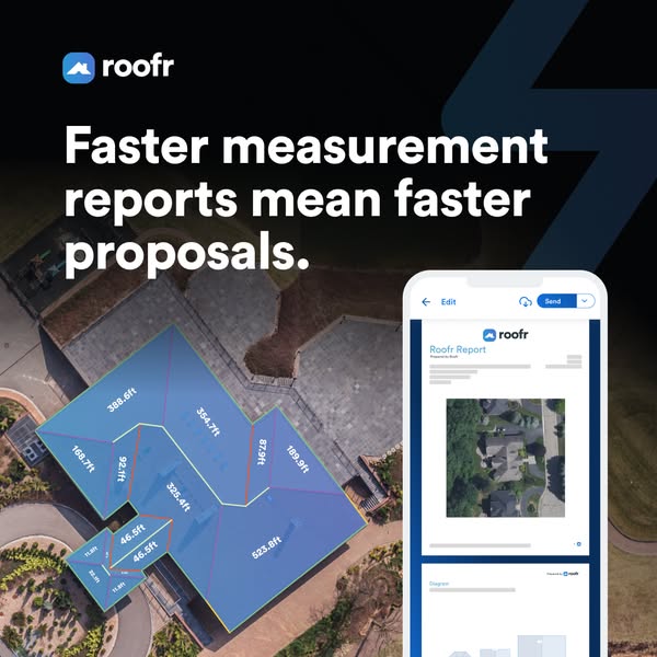 Aerial view of a large house roof overlaid with blue measured facets beside a phone showing a Roofr Report ready to send