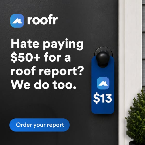 Roofr ad asking Hate paying $50+ for a roof report? We do too. with a blue $13 door hanger on a black front door