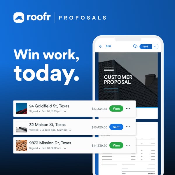 Roofr Proposals ad with headline Win work, today. a phone showing a customer proposal and three job cards marked Won and Sent
