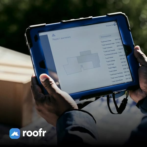Roofer's hands holding a blue rugged tablet showing a Roofr roof report summary with a roof diagram and measurements outdoors