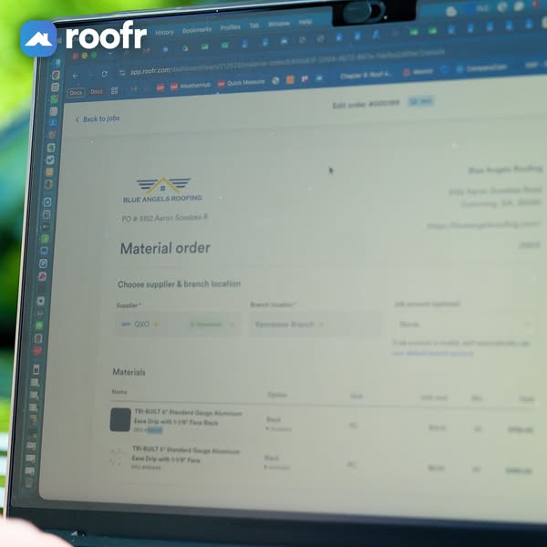 Laptop outdoors showing a Roofr material order screen with supplier selection and roofing line items, Roofr logo top left