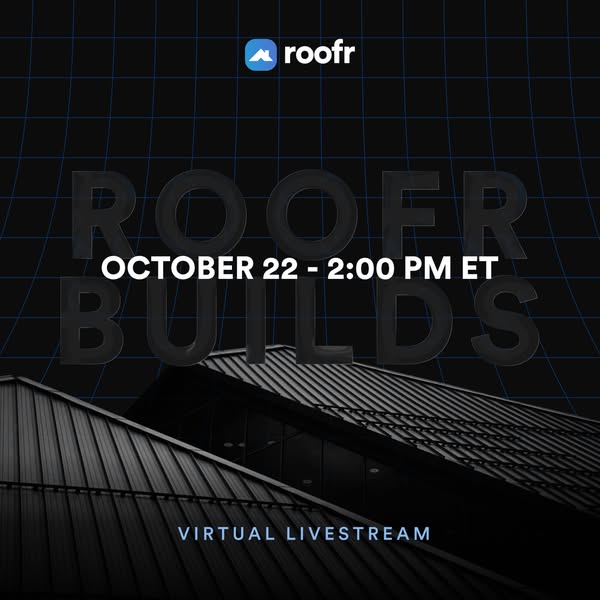 Dark Roofr Builds event ad with embossed title, the date October 22 - 2:00 PM ET over metal roofs and Virtual Livestream text