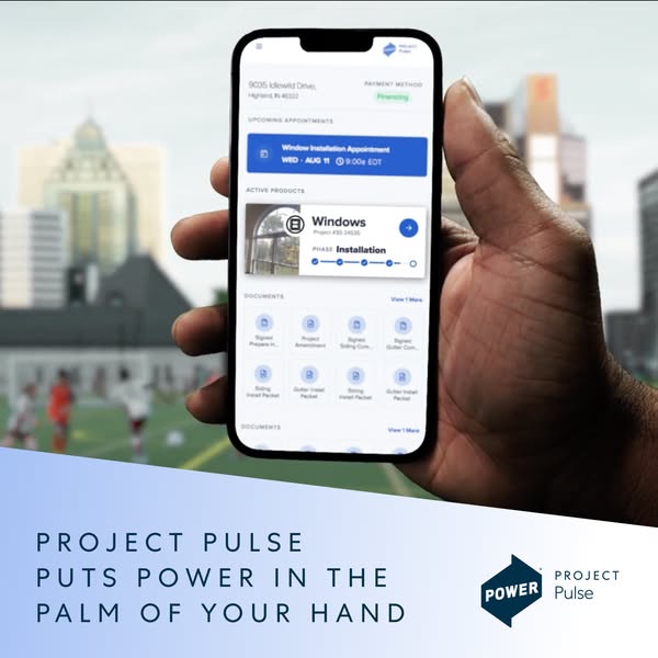 Hand holding a phone showing the Project Pulse app with a window installation appointment, city skyline behind
