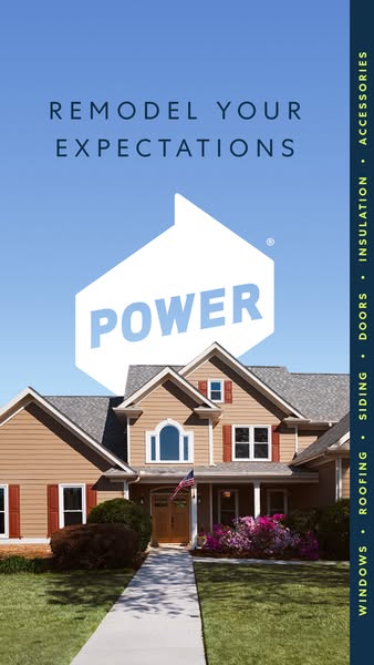 Two-storey house with tan siding and red shutters under blue sky, large white Power logo, sidebar listing remodeling services