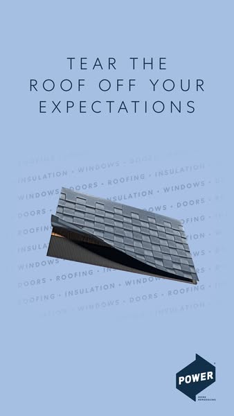 Floating 3D grey shingle roof section on a light blue background with repeated words roofing, insulation, windows and doors