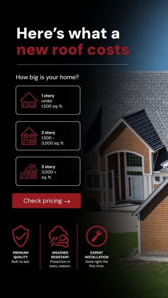Erie Home roofing ad with home size options, Check pricing button, feature icons and a house with a new dark roof