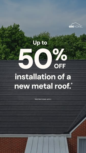 Large white text Up to 50% off installation of a new metal roof over a dark grey metal roof, trees and sky behind