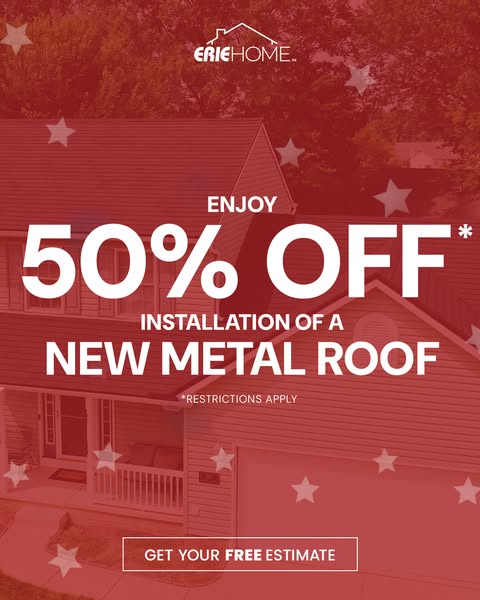 Red-tinted house with white stars, text Enjoy 50% off installation of a new metal roof and a Get your free estimate button