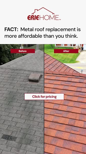 Split image of a worn grey shingle roof (Before) and a new red metal roof (After) with a Click for pricing button