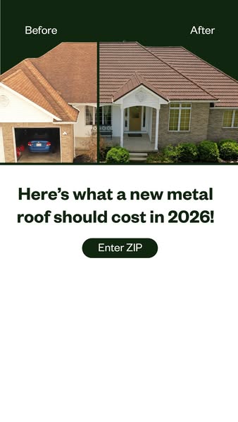 Before and after of a home with old shingles and a new metal roof, a 2026 roof cost headline and Enter ZIP button