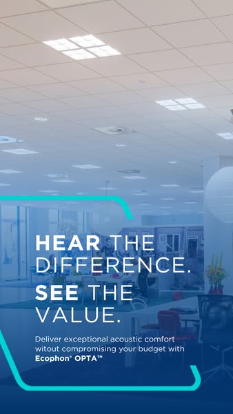 Vertical CertainTeed ad showing an office acoustic ceiling with the headline Hear the difference. See the value.