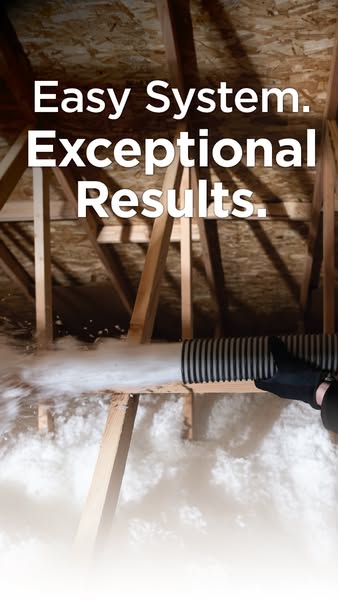 Vertical CertainTeed ad of a hose blowing white insulation into an attic with the headline Easy system. Exceptional results.