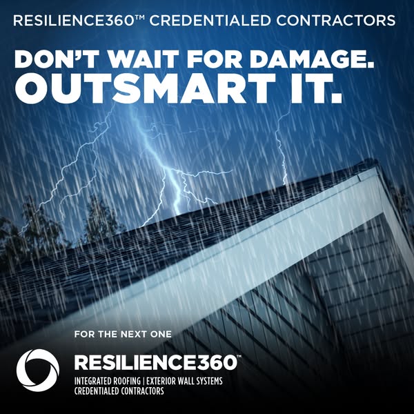CertainTeed Resilience360 ad with lightning and rain over a house roof, headline Don't wait for damage. Outsmart it.