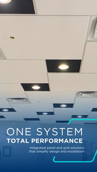 Vertical CertainTeed ad of a white ceiling with black accent panels and downlights, headline One system total performance