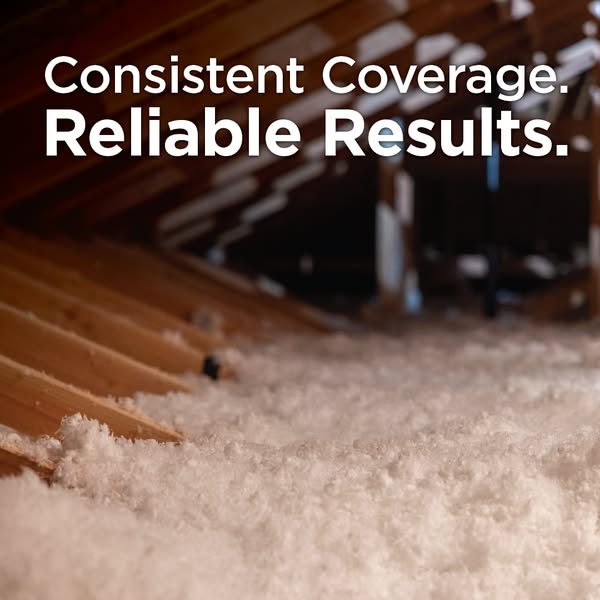 CertainTeed ad of an attic filled with even blown-in insulation, headline Consistent coverage. Reliable results.