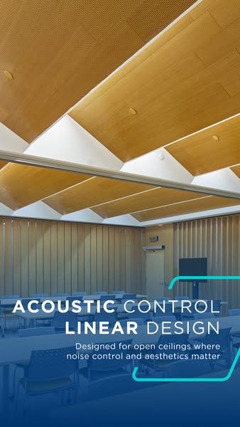 Vertical CertainTeed ad of a classroom with angled linear wood ceiling panels and the headline Acoustic control linear design