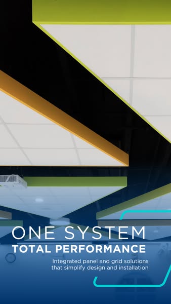 Vertical CertainTeed ad of suspended white ceiling clouds with lime and orange edges, headline One system total performance